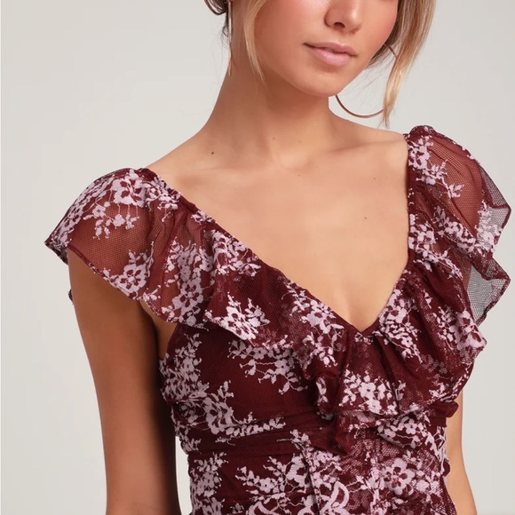 WAYF Marie Burgundy Floral Print Ruched Lace Ruffle Maxi Sheath Dress - Picture 5 of 12